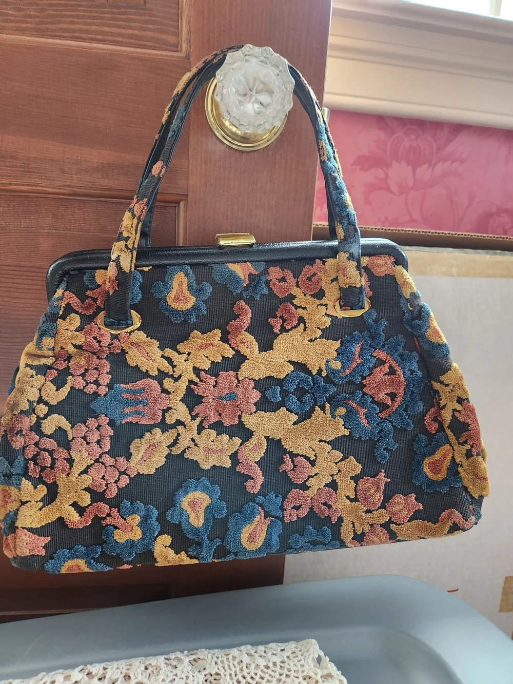 Vintage J. R. USA Floral Tapestry Satchel Handbag in Black, Gold, Blue